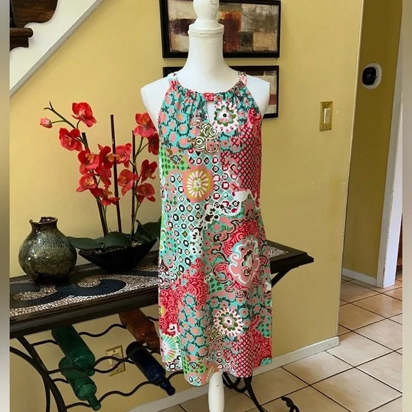 Jude Connally Abstract Medallion Print Coral Green Sz 14 Sheath Mini Dress USA - Picture 5 of 15